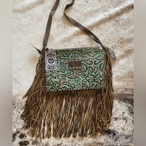 Repurposed Tooled Leather Fringe Crossbody Bag